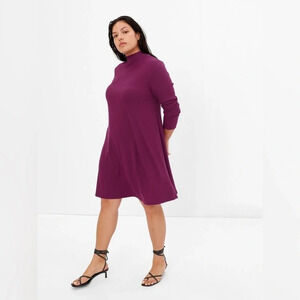 AQUA Purple Mock Neck Long Sleeve Ribbed A-Line Swing Mini Dress Small Boho